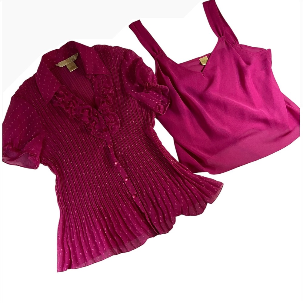 New York City Design Co Blouse Set Women M Pink Excellent Pleated Swiss Dot Y2K